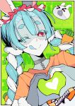  &gt;_&lt; 1girl ;) ;q absurdres animal_ears bangs blue_hair braid carrot_hair_ornament closed_mouth food-themed_hair_ornament grey_choker hair_ornament heart heart_hands highres hololive looking_at_viewer multicolored_hair nousagi_(usada_pekora) one_eye_closed orange_shirt patchwork_skin rabbit_ears red_eyes shirt smile solo stitched_arm stitched_face stitches thick_eyebrows tongue tongue_out twin_braids two-tone_hair unexistarts usada_pekora virtual_youtuber white_hair 