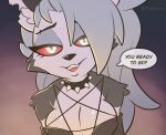  2022 anthro breasts canid canid_demon clothed clothing collar demon dialogue english_text female gradient_background grey_hair hair hellhound helluva_boss inner_ear_fluff long_hair looking_at_viewer loona_(helluva_boss) mammal notched_ear red_sclera simple_background solo speech_bubble spiked_collar spikes talking_to_viewer text the_other_half tuft white_eyes 