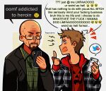  2boys absurdres anger_vein annoyed bald beard breaking_bad brown_facial_hair brown_hair cellphone closed_eyes commentary earrings emoji english_commentary english_text facial_hair glasses goatee green_shirt hello_kitty highres holding holding_phone hood hoodie huyandere jesse_pinkman jewelry male_focus mature_male multiple_boys phone profanity red_shirt ring shirt smartphone speech_bubble twitter_logo walter_white 