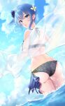  1girl absurdres alternate_costume ass bare_shoulders bikini black_bikini blue_eyes blue_hair blue_sky blush breasts cleavage flower hair_flower hair_ornament highres hololive hoshimachi_suisei looking_at_viewer looking_back ocean open_mouth outdoors ribbon see-through sky solo string_bikini swimsuit tilu virtual_youtuber 