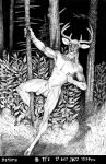  absurd_res anthro antlers balls camera_view cervid cervine digitigrade erection forest genitals hi_res horn humanoid_genitalia humanoid_penis male mammal momamo night nipples nude outside penis plant public solo solo_focus traditional_media_(artwork) tree 