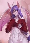  anthro athletic belly big_ears blush chiropteran clothed clothing clothing_lift fur hair helmed_(helmed) hi_res koshak long_hair male mammal muscular muscular_male purple_hair simple_background solo sweater topwear white_body white_fur wide_hips wings 