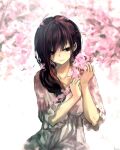  1girl asymmetrical_hair bangs bouquet brown_hair cherry_blossoms frilled_shirt frills hair_between_eyes highres isumi_(yangyan) long_hair original sad shirt side_ponytail solo upper_body very_long_hair 