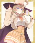  1girl absurdres adapted_costume black_thighhighs blonde_hair blue_eyes blush breasts brown_cape brown_coat brown_headwear cape coat collared_shirt commentary cowboy_shot hair_ornament hat high-waist_skirt highres holding holding_magnifying_glass hololive hololive_english iris_(tb33064667) looking_at_viewer magnifying_glass medium_breasts monocle_hair_ornament neckerchief plaid plaid_skirt puckered_lips red_neckerchief shirt short_hair skirt solo symbol-only_commentary thick_thighs thighhighs thighs underbust virtual_youtuber watson_amelia white_shirt wide_hips witch_hat yellow_skirt 