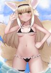  1girl animal_ears arknights ass_visible_through_thighs bare_arms bare_shoulders bikini black_bikini black_hairband blue_sky blush breasts brown_eyes brown_hair closed_mouth cloud cloudy_sky collarbone commentary_request day fox_ears fox_girl fox_tail frilled_bikini frilled_hairband frills groin hairband hand_up highres kyomu_(7641) long_hair medium_breasts multicolored_hair navel outdoors sky smile solo suzuran_(arknights) swimsuit tail thigh_strap two-tone_hair very_long_hair water white_hair 