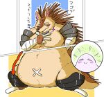  2022 anthro band-aid bandage bandaged_arm belly big_belly brown_body eulipotyphlan eyes_closed hedgehog japanese_text kemono majiro_the_hedgehog male mammal okudami overweight overweight_male sleepy_princess_in_the_demon_castle text 