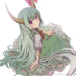  1girl arm_support bad_perspective blurry dress ex-keine from_above green_dress green_hair horn_ornament horns kamishirasawa_keine long_hair looking_at_viewer looking_back puffy_short_sleeves puffy_sleeves ribbon shiroi_karasu short_sleeves sitting smile solo touhou very_long_hair 