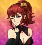  1girl alisa_(vallurite) anna_(fire_emblem) bangs bare_shoulders breasts cleavage detached_sleeves finger_to_cheek fire_emblem food-themed_hair_ornament hair_ornament halloween halloween_costume lips looking_at_viewer medium_breasts medium_hair one_eye_closed pink_lips ponytail puffy_sleeves pumpkin_hair_ornament red_eyes red_hair sidelocks smile solo 