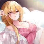  1girl absurdres anfuji_uiro blonde_hair breasts cleavage collarbone dress hair_intakes highres idolmaster idolmaster_cinderella_girls kurosaki_chitose lace-trimmed_dress lace_trim lens_flare light_smile looking_at_viewer lying medium_breasts on_back pink_negligee red_eyes solo 