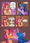  &lt;3 2022 blush bodily_fluids comic dialogue digital_media_(artwork) doomthewolf duo english_text equid equine eyes_closed female female/female feral hair hasbro hi_res horn izzy_moonbow_(mlp) kissing long_hair mammal mlp_g5 my_little_pony open_mouth open_smile smile speech_bubble sunny_starscout_(mlp) sweat sweatdrop text unicorn 