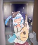  1girl bangs bard blue_hair braid breasts city_lights cleavage closed_eyes door fish_tail gawr_gura gradient_hair grey_hair highres holding holding_instrument hololive hololive_english instrument looking_at_viewer lute_(instrument) moral_cacoethes multicolored_hair musical_note open_mouth shark_girl shark_tail sharp_teeth small_breasts streaked_hair tail teeth virtual_youtuber 
