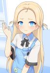  1girl apron blonde_hair blue_archive blue_eyes blush bow bowtie collared_shirt forehead hand_up highres jacy long_hair looking_at_viewer name_tag shirt short_sleeves solo sora_(blue_archive) strap_slip sweat two_side_up upper_body waving wavy_mouth white_shirt 