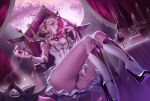  absurdres alcohol aling_(shanatans) black_panties blonde_hair bottle cake cake_slice candle cup dress drinking_glass food highres league_of_legends lux_(league_of_legends) panties purple_eyes underwear white_dress wine wine_bottle wine_glass 