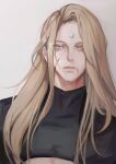  1boy bangs bishounen black_shirt blonde_hair blood blood_on_face crop_top final_fantasy final_fantasy_xiv forehead_jewel grey_background intointt long_hair looking_to_the_side male_focus messy_hair parted_bangs portrait shirt solo turtleneck upper_body zenos_yae_galvus 