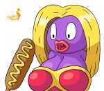  anthro armor big_breasts blonde_hair breastplate breasts cleavage clothed clothing corndog cynder_quill dress female food generation_1_pokemon hair jynx lips mustard nintendo open_mouth pokemon pokemon_(species) purple_body purple_skin red_clothing red_dress shaded simple_background solo solo_focus thick_lips video_games white_background 