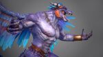  2020 3d_(artwork) abs american_mythology anthro aztec_mythology biceps big_muscles blood bodily_fluids bottomwear claws clothed clothing deity digital_media_(artwork) dragon feathered_dragon feathered_wings feathers feral fur hi_res loincloth male mesoamerican_mythology muscular muscular_male mythology obliques open_mouth pecs quetzalcoatl scratch solo taran_fiddler topless wings wounded z_h_ong 