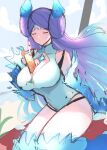  1girl breasts brighid_(xenoblade) chest_jewel cleavage closed_eyes curvy fiery_hair gem highres juneplums large_breasts long_hair official_alternate_costume one-piece_swimsuit solo swimsuit very_long_hair xenoblade_chronicles_(series) xenoblade_chronicles_2 