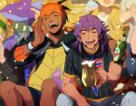  2boys :d black_hair black_hoodie blush bottle champion_uniform closed_eyes cup dark-skinned_male dark_skin dreepy dynamax_band facial_hair goomy hand_up headband holding holding_bottle holding_cup hood hoodie kotone_ranmaru leon_(pokemon) long_hair male_focus multiple_boys open_mouth orange_headband pokemon pokemon_(creature) pokemon_(game) pokemon_swsh purple_hair raihan_(pokemon) shield_print shirt short_hair short_sleeves sitting smile sword_print teeth toxtricity toxtricity_(low_key) undercut upper_teeth 