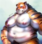  2022 anthro belly big_belly blush bodily_fluids cum cum_on_belly cum_on_body cum_on_chest felid genital_fluids hi_res kemono male mammal moobs navel nipples overweight overweight_male pantherine solo tiger tori2tea white_body 