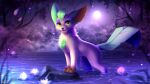 16:9 4k absurd_res ambiguous_gender bloominglynx brown_body brown_fur chest_tuft eeveelution fangs feral full-length_portrait fur generation_4_pokemon glistening glistening_eyes green_eyes head_tuft hi_res leafeon leg_markings lily_pad looking_at_viewer markings moon neck_tuft nintendo open_mouth outside partially_submerged pink_moon plant pokemon pokemon_(species) portrait quadruped rock shrub signature smile socks_(marking) solo tan_body tan_fur tree tuft video_games water widescreen 