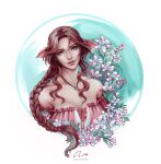  1girl aerith_gainsborough alternate_costume bangs bare_shoulders braid braided_ponytail breasts brown_hair cleavage collarbone dress final_fantasy final_fantasy_vii final_fantasy_vii_remake floral_background flower flower_necklace green_eyes hair_ribbon highres jewelry long_hair looking_at_viewer materia medium_breasts necklace off-shoulder_dress off_shoulder onyrica parted_bangs pink_dress pink_ribbon portrait ribbon sidelocks signature smile solo upper_body wavy_hair web_address white_background 