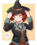  1girl arms_up bangs black_headwear blush brown_vest closed_mouth commentary_request cowboy_shot danganronpa_(series) danganronpa_v3:_killing_harmony dress_shirt emoji grey_shirt hat heart heart-shaped_eyes highres jacket kirin_(suzoke_1) long_sleeves open_clothes open_jacket orange_background outline pleated_skirt red_eyes red_hair red_skirt shiny shiny_hair shirt short_hair sideways_glance skirt solo speech_bubble vest white_outline white_shirt witch_hat yumeno_himiko 