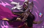  1girl alternate_costume armlet black_cape black_dress bracelet breasts cape cleavage closed_mouth commentary dark_persona dragonstone dress english_commentary evil_smile fire_emblem fire_emblem_awakening fire_emblem_heroes floating floating_hair floating_object grima_(fire_emblem) hair_ornament hair_ribbon high_collar highres jewelry long_hair looking_at_viewer medium_breasts multicolored_cape multicolored_clothes pointy_ears ponytail purple_cape red_eyes red_ribbon ribbon sakuremi sleeveless sleeveless_dress smile solo tiki_(fire_emblem) two-sided_cape two-sided_fabric upper_body white_hair 