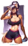  2022 absurd_res anthro big_breasts bodily_fluids bra breasts canid canine cleavage clothed clothing curvy_figure digital_media_(artwork) elizabeth_fox female fox fur hi_res mammal open_mouth solo sports_bra sweat towel underwear viejillox 