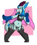  2018 anthro black_clothing blue_body blue_fur blue_tail breasts cleavage clothed clothing dogfluid eeveelution eyelashes female fur generation_4_pokemon glaceon gloves_(marking) legwear long_ears markings multicolored_body multicolored_fur navel nintendo open_mouth pink_wings pokemon pokemon_(species) solo stockings thick_thighs tight_clothing two_tone_body two_tone_fur underwear video_games white_clothing wings 