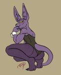  2021 anthro beerus butt clothed clothing crouching cybermananon digital_media_(artwork) domestic_cat dragon_ball dragon_ball_super felid feline felis hairless hairless_cat hi_res looking_back male mammal simple_background solo sphynx_(cat) 