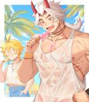  2boys abs aether_(genshin_impact) arataki_itto blonde_hair blue_pants earrings food genshin_impact heithanoll highres horns ice_cream jewelry long_hair male_focus midriff multiple_boys muscular muscular_male necklace nipples o_o oni_horns open_mouth pants popsicle red_eyes spikes stomach tank_top tongue tongue_out wet white_hair white_tank_top wristband yellow_eyes 