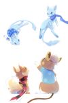  2016 absurd_res aishasoup ambiguous_gender anthro blue_body blue_eyes blue_fur brown_body brown_fur clothing fan_character feral floating flying fur generation_1_pokemon green_eyes group growlithe hi_res legendary_pokemon male mew nintendo orange_body orange_fur paws pokemon pokemon_(species) raichu scarf shirt simple_background sitting tan_body tan_fur tanashi topwear video_games white_background 
