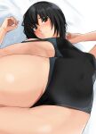  1girl amagami artist_name bed_sheet black_hair black_one-piece_swimsuit brown_eyes competition_swimsuit expressionless foreshortening from_below highres nanasaki_ai navel on_bed one-piece_swimsuit short_hair solo swimsuit thighs yoo_tenchi 