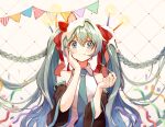  1girl anniversary bare_shoulders black_sleeves blue_eyes blue_hair blue_necktie blush braid candle checkered_background closed_mouth confetti detached_sleeves food food_on_head fork fruit hair_between_eyes hair_ornament hair_ribbon hand_on_own_face hatsune_miku heart highres holding holding_fork long_hair looking_at_viewer necktie object_on_head pinkusan red_ribbon ribbon shirt sidelocks smile solo strawberry streamers string_of_flags twintails upper_body very_long_hair vocaloid wide_sleeves 