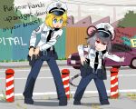  2girls alice_margatroid animal_ears arrest bangs belt belt_pouch black_belt black_footwear black_necktie blonde_hair blue_eyes blue_pants blush car cloud cloudy_sky collared_shirt commentary_request cookie_(touhou) day english_text fence fighting_stance full_body grass grey_hair ground_vehicle gun handgun hat holster holstered_weapon kofji_(cookie) long_sleeves motor_vehicle mouse_ears mouse_girl mouse_tail multiple_girls name_tag nazrin necktie open_mouth outdoors overcast pants peaked_cap police police_badge police_hat police_uniform policewoman pouch ready_to_draw red_eyes renpika shirt shoes short_hair sidewalk sky standing tail touhou triangle_mouth uniform walkie-talkie weapon web_(cookie) white_headwear white_shirt 