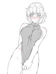  1girl bangs blush bottomless breasts closed_mouth clothes_pull commentary_request cowboy_shot embarrassed highres large_breasts mizuhashi_parsee nose_blush ootsuki_wataru pointy_ears shirt shirt_pull short_hair sideboob simple_background sleeveless sleeveless_shirt solo spot_color touhou 