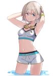  1girl absurdres arms_behind_head arms_up azu_ankoowl bangs blush breasts earrings goggles goggles_around_neck green_eyes grey_hair grin highres idolmaster idolmaster_shiny_colors jewelry looking_at_viewer male_swimwear navel serizawa_asahi short_hair small_breasts smile solo sports_bra star_(symbol) star_earrings swim_trunks two_side_up wading water wet white_background wristband 