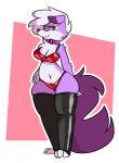  2018 anthro black_clothing blush blush_lines breasts chest_tuft claws cleavage clothed clothing collar dogfluid eyewear female fur generation_7_pokemon glasses hair hi_res lycanroc multicolored_body multicolored_fur navel nintendo paws pink_clothing pokemon pokemon_(species) purple_body purple_fur purple_tail red_clothing red_eyes rubber rubber_clothing smile solo tuft two_tone_body two_tone_fur underwear video_games white_body white_fur white_hair 