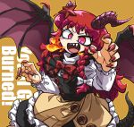  1girl :d alternate_eye_color alternate_hair_color amerika_zarigani azusa_(cookie) black_skirt black_vest blush bow bowtie braid breathing_fire brown_background buttons claw_pose commentary_request cookie_(touhou) cowboy_shot dragon_girl dragon_horns dragon_tail dragon_wings fingernails fire frilled_skirt frilled_sleeves frills highres horns kirisame_marisa long_hair long_sleeves looking_at_viewer monsterification open_mouth outline purple_horns purple_wings red_bow red_bowtie red_eyes sharp_fingernails shirt single_braid skirt smile solo tail touhou turtleneck vest white_shirt wings yellow_outline 
