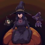  1girl @_@ absurdres alternate_breast_size bangs bootscoot breasts commentary dress duskull hair_between_eyes hat hex_maniac_(pokemon) highres large_breasts long_dress long_hair looking_at_viewer mismagius open_mouth pokemon pokemon_(creature) pokemon_(game) pokemon_xy pumpkin purple_eyes purple_hair sitting smile turtleneck_dress very_long_hair wariza witch_hat 