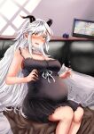  1girl absurdres aegir_(azur_lane) azur_lane blush breasts choker cleavage english_commentary highres horns jewelry large_breasts long_hair looking_at_viewer maternity_dress motion_lines multicolored_hair on_bed picture_frame pregnant ring user_jcuh7723 very_long_hair white_hair yellow_eyes 