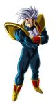  1boy baby_(dragon_ball) baby_vegeta bodysuit crossed_arms dragon_ball dragon_ball_gt full_body grey_hair male_focus non-web_source simple_background solo white_background 