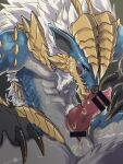  anthro blush bodily_fluids capcom censored claws drawg_t erection fanged_wyvern fur genital_fluids genitals hi_res horn male mammal monster_hunter nude penis scales scalie solo video_games zinogre 
