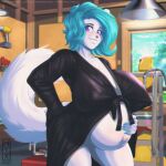  2021 anthro big_breasts blue_hair bottomless breasts clothed clothing female fur galacticmichi gwen_mcgallway_(clickclock) hair navel pregnant smile solo unknown_species white_body white_fur 