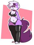  2018 anthro black_clothing blush blush_lines breasts chest_tuft claws cleavage clothed clothing collar dogfluid eyewear female fur generation_7_pokemon glasses hair hi_res lycanroc multicolored_body multicolored_fur navel nintendo open_mouth paws pink_clothing pokemon pokemon_(species) purple_body purple_fur purple_tail red_eyes rubber rubber_clothing smile solo teeth tuft two_tone_body two_tone_fur underwear video_games white_body white_fur white_hair 