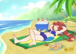  1girl alcohol arms_behind_head beach beach_towel beer bikini blue_bikini blush brazil brazilian_flag_print breasts brown_hair cleavage closed_eyes crossed_legs feet highres kawakami_kazuko kidakash leaf_bikini long_hair lying maji_de_watashi_ni_koi_shinasai! midriff mountain navel ocean on_back ponytail rio_de_janeiro sand sandals shore sky smile summer swimsuit towel tree tropical tropical_drink water 