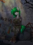  armor bethesda_softworks equid equine fallout fallout_equestria female feral friendship_is_magic green_eyes green_hair gun hair hasbro hi_res horn inner_ear_fluff jade_meadow(plaguedwolf) leaning_on_wall magic mammal margony my_little_pony raider_(fallout) ranged_weapon shotgun solo tuft unicorn video_games weapon 