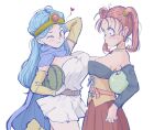  2girls bare_shoulders belt blue_hair breasts cleavage closed_mouth detached_sleeves dragon_quest dragon_quest_iii dragon_quest_viii dress earrings jessica_albert jewelry kajino_(aosansai) large_breasts long_hair looking_at_viewer multiple_girls sage_(dq3) simple_background smile twintails watermark white_background 
