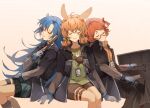  3girls animal_ears arknights beagle_(arknights) black_choker black_jacket black_skirt blue_gloves blue_hair blue_shirt blue_shorts bow breasts brown_background brown_hair brown_shorts brown_sweater choker closed_eyes closed_mouth commentary_request fang_(arknights) glasses gloves green_bow green_shirt hair_bow hair_ornament hairclip highres jacket kroos_(arknights) littlefishtold long_hair long_sleeves low_twintails multiple_girls open_clothes open_jacket parted_lips semi-rimless_eyewear shirt short_shorts short_twintails shorts simple_background sitting skirt small_breasts sweater turtleneck turtleneck_sweater twintails under-rim_eyewear very_long_hair 