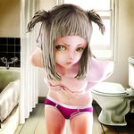  bathroom brown_eyes brown_hair covering covering_breasts leaning_forward original pi_(pppppchang) realistic solo topless twintails 